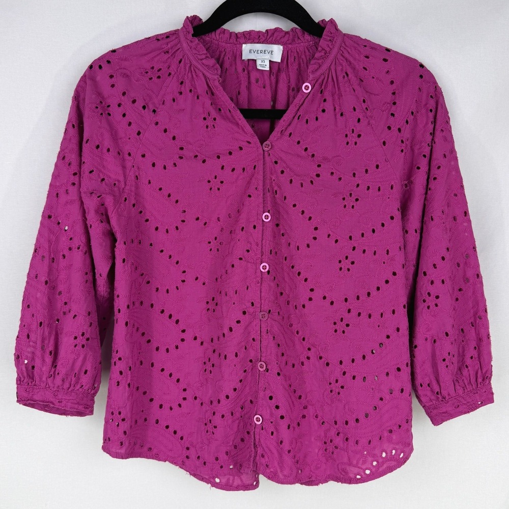 Evereve Larisa Eyelet Top‎ Boho Cottagecore Coastal Grandmother XS 3/4 Sleeve - Picture 2 of 7